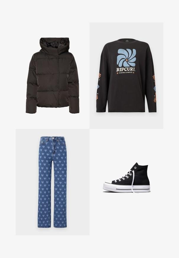 Sort dunjakke med høj krave, quiltet design og en firkantet facon. Fremstillet af glat, let materiale for varme.; Sort langærmet skjorte med blåt abstrakt blomstermotiv, teksten "Rip Curl Surfing Company" på forsiden og matchende blomsterdesigne på ærmerne.; Blå denim jeans med lige snit, der har et gentaget lyseblåt hjerte mønster, kobberknapper og traditionelt fem-lomme design.; Sort high-top canvas sneaker med hvid gummisål og hvide snørebånd, vist fra siden mod en hvid baggrund.