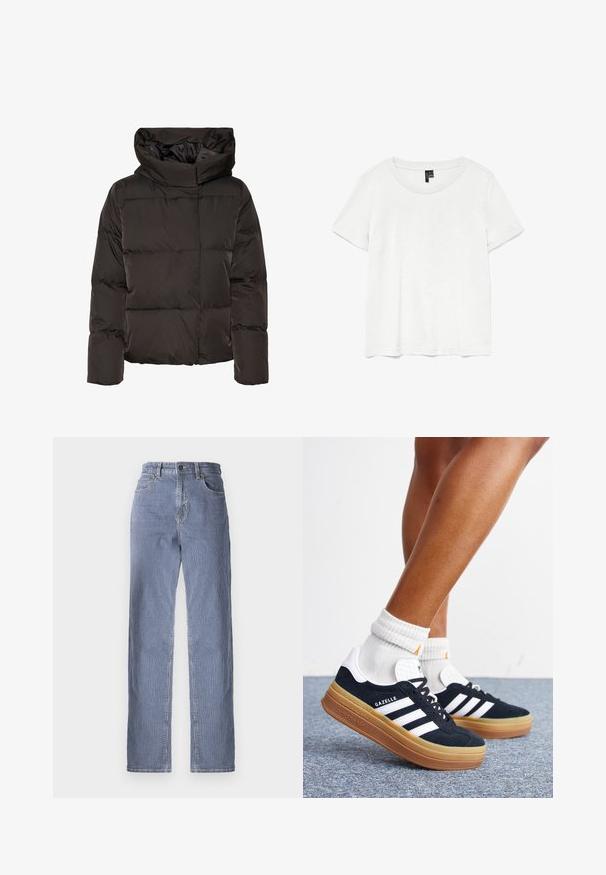 Veste matelassée noire avec col montant, design matelassé et forme carrée. Fabriquée en matériau lisse et léger pour plus de chaleur.; T-shirt blanc à manches courtes avec un col rond, fabriqué en tissu léger. Design simple, texture lisse et ourlet droit.; Jeans en denim rayés avec une coupe droite, dotés d'une fermeture à bouton et à zip, de cinq poches et d'un léger dégradé de couleur.; Jambes portant des chaussettes blanches et des baskets Adidas Gazelle noires avec des bandes blanches et des semelles épaisses marron sur un sol recouvert de moquette grise.