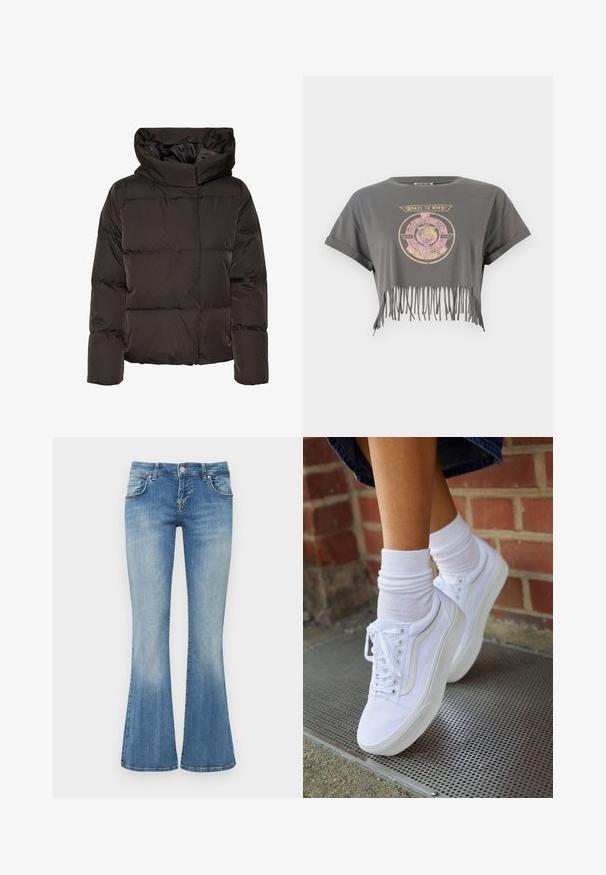 Zwarte donzen jas met een hoge kraag, doorgestikt ontwerp en een vierkante vorm. Gemaakt van glad, lichtgewicht materiaal voor warmte.; Grijze cropped t-shirt met korte mouwen, voorzien van een leeuwengrafiek en de tekst "RACE TO WIN", afgewerkt met een franjerand. Zacht katoenmateriaal.; LTB ROXY - Flared Jeans - vicky wash; Witte canvas sneakers met rubberen zolen, voorzien van zes vetertjes, een ronde neus en lichte stikdetails, gecombineerd met witte enkelsokken.