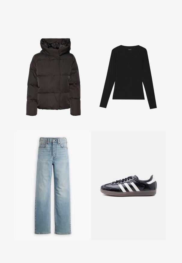 Sort dunjakke med høj krave, quiltet design og en firkantet facon. Fremstillet af glat, let materiale for varme.; Sort langærmet ribbet top med rund halsudskæring og tætsiddende silhuet. Stoffet har en glat tekstur og en strækbar kvalitet.; Lyseblå denimjeans med højtaljet design, lige ben, fem-lomme stil og synlige syningsdetaljer.; Lavprofils sort sneaker med tekstureret slangeskindsmønster, hvide striber på siden, sorte snørebånd og en gennemsigtig brun sål.