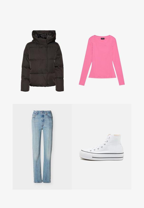 Sort dunjakke med høj krave, quiltet design og en firkantet facon. Fremstillet af glat, let materiale for varme.; Langærmet ribbet top i lys pink, med en bred rund halsudskæring og en tætsiddende silhuet. Stoffet er glat med en diskret tekstur.; Lyseblå jeans med høj talje og lige ben, forstærket med syninger foran, knaplukning og fem-lomme design på hvid baggrund.; Hvide høj-top sneakers lavet af kanvasmateriale, sort gummisål og kontrasterende sort stribe på mellemsålen. Rund tåhætte og snørebåndsdesign.
