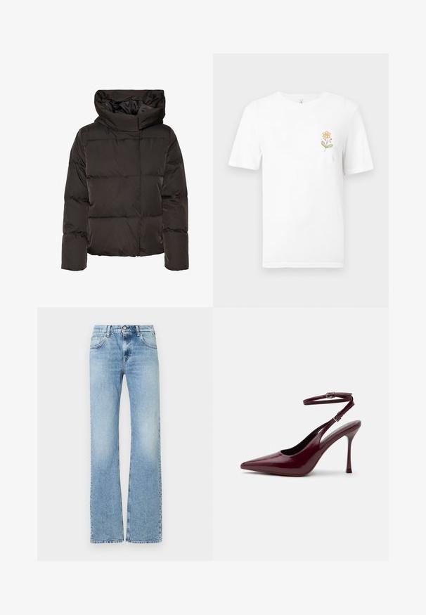 Sort dunjakke med høj krave, quiltet design og en firkantet facon. Fremstillet af glat, let materiale for varme.; Hvid t-shirt med korte ærmer og et lille orange blomstermotiv med grønne blade trykt på venstre brystområde.; Lyseblå højtaljede denimjeans med let falmning, frontknap, lynlås lukning og fem-pocket design, lige ben pasform.; Blank bordeaux spids tå højhælet sko med ankelrem og spænde, tynd stilet hæl, sidevisning på ensfarvet baggrund.