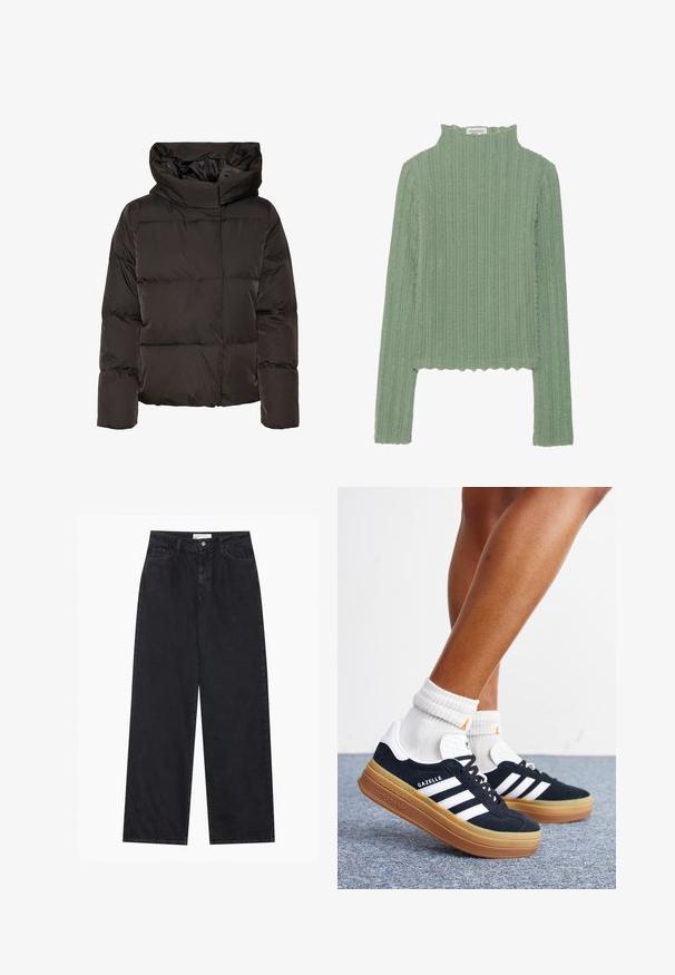 Sort dunjakke med høj krave, quiltet design og en firkantet facon. Fremstillet af glat, let materiale for varme.; Langærmet top i lysegrønt ribbet stof. Høj hals, cropped design med frynsede kanter. Blød tekstur med lodrette striber.; Sorte højtaljede bredbenede denimjeans med frontknap og lynlås, bæltestropper og fem-lomme stil.; Ben iført hvide sokker og sorte Adidas Gazelle sneakers med hvide striber og tykke brune såler på et gråt tæppe.