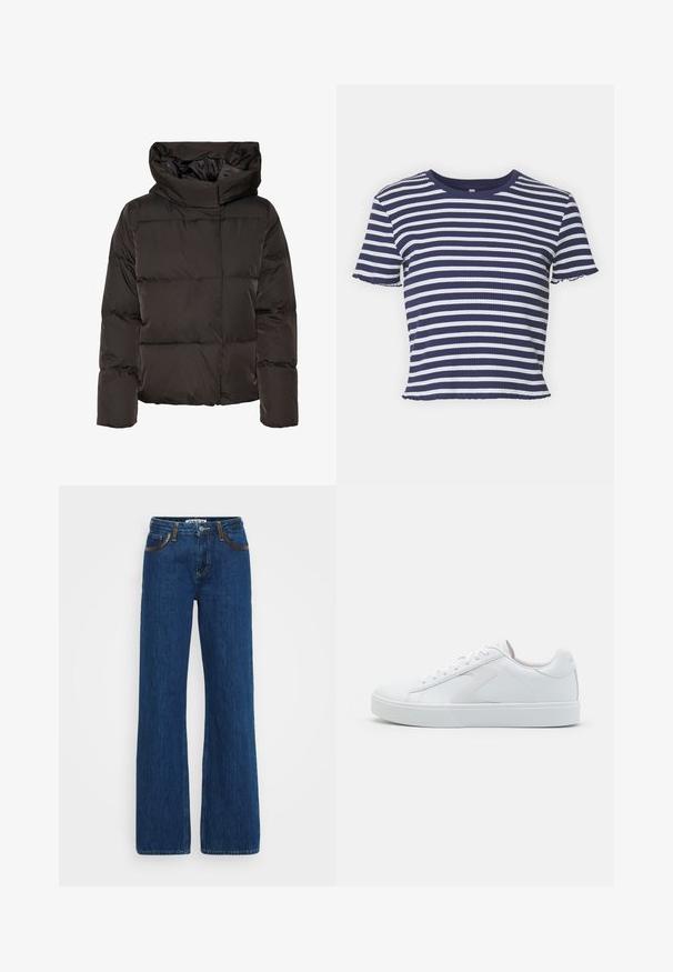 Sort dunjakke med høj krave, quiltet design og en firkantet facon. Fremstillet af glat, let materiale for varme.; ONLY ONLMETTI BOX - T-shirts print - cloud dancer/clear sky; Blå denim flared jeans med kontrastsyninger, fem-lomme design og lynlåslukning. Stoffet har en blød tekstur med let falming.; Hvide sneakers med en glat læderoverdel, rund tå, snørebåndsdesign og en tekstureret gummisål. Har en diskret logo-detalje på hælen.