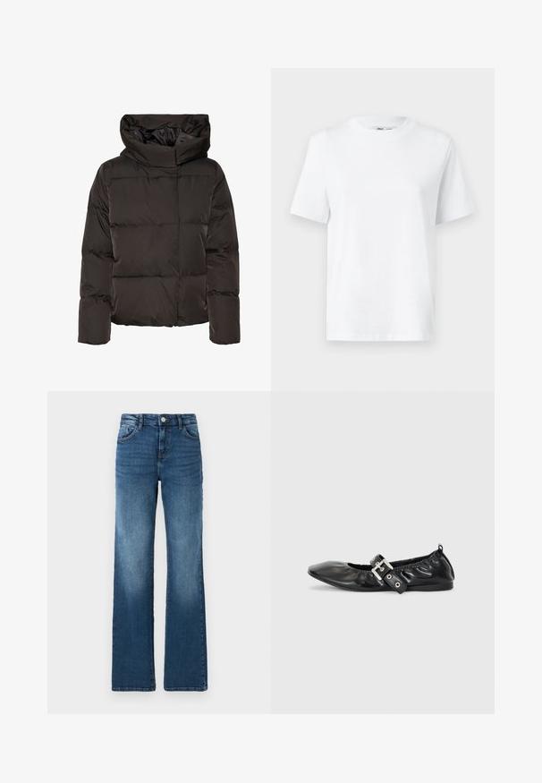 Sort dunjakke med høj krave, quiltet design og en firkantet facon. Fremstillet af glat, let materiale for varme.; Hvid bomulds T-shirt med rund hals, kortærmet og en glat tekstur. Designet med en afslappet pasform for komfort og alsidighed.; Blå denimjeans med lige ben, fem lommer, let falmning, knaplukning og kontrastsyede detaljer.; Sorte læder flade sko med spids tå, samling detaljer omkring åbningen, og en sølv spænde accent på den justerbare rem.