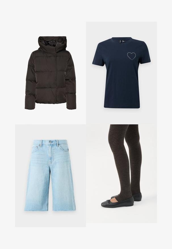 Sort dunjakke med høj krave, quiltet design og en firkantet facon. Fremstillet af glat, let materiale for varme.; Marineblå bomulds-t-shirt med korte ærmer, der har et hjerte-design lavet af sølvnitter på venstre bryst. Rund halsudskæring, afslappet pasform.; Lyseblå denimshorts med en løs pasform, flosset kant, fem lommer og metalhardware. Klassisk jeansdesign med subtil falming.; Ben iført mørke ribbede leggings kombineret med sorte balletsko med små sløjfedetaljer på hvid baggrund.