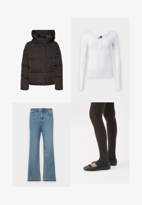 Sort dunjakke med høj krave, quiltet design og en firkantet facon. Fremstillet af glat, let materiale for varme.; Hvid langærmet ribbet top med scoop-neck og fire knapper foran. Stoffet har en glat tekstur og en tætsiddende pasform.; Lyseblå denim jeans med flared pasform, høj talje, fem lommer, diskret slitage og syede detaljer langs sømmene.; Ben iført mørke ribbede leggings kombineret med sorte balletsko med små sløjfedetaljer på hvid baggrund.