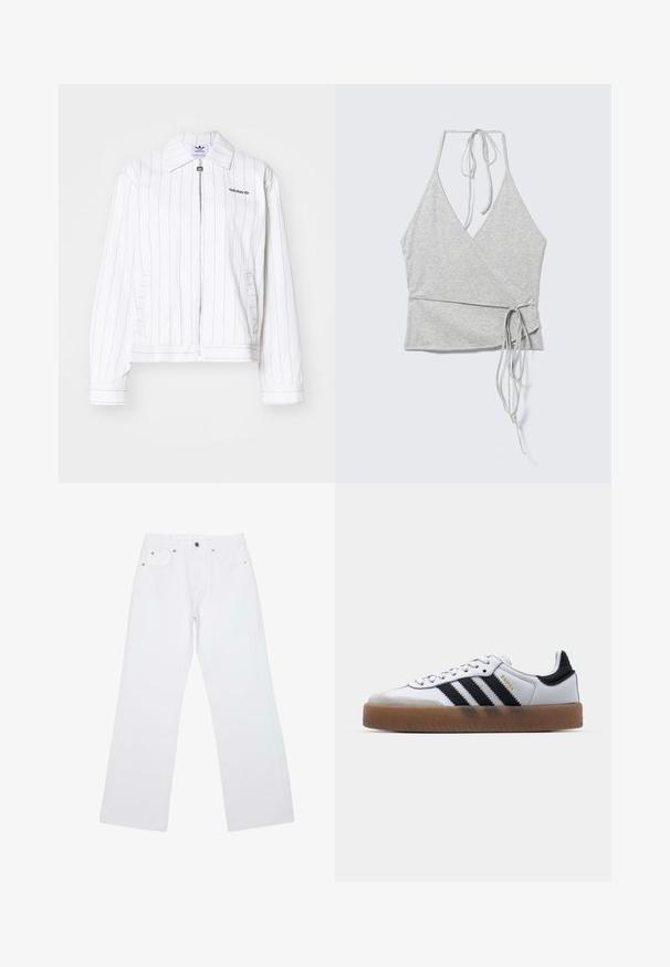 Hvid zip-up jakke med lodrette sorte striber, der har en spidse krave, sidelommer og Adidas-logoet i sort på brystet.; Lysegrå ærmeløs omslagstop med dyb V-hals, halterstropper ved halsen og lange taljebånd på venstre side.; Hvide jeans med lige ben, fem lommer, bæltestropper og lukning foran med knap og lynlås, lagt fladt på en hvid baggrund.; Hvide lædersneakers med sorte striber, gummirubber sål, rund tå, snørelukning og blød grå ruskinds tåhætte.
