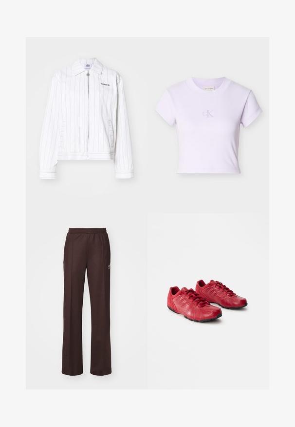 Hvid zip-up jakke med lodrette sorte striber, der har en spidse krave, sidelommer og Adidas-logoet i sort på brystet.; Lyse lilla bomulds crop-top med korte ærmer, der har en subtil broderet 'CK' logo foran. Ribbet tekstur og rund hals.; Brune træningsbukser med elastisk talje, to sidelommer og et lille logo på venstre side, lavet af et blødt stof.; Røde atletiske sko lavet af læder og ruskind, der har en struktureret overdel, snørrelukning og en sort gummisål med et buet design.