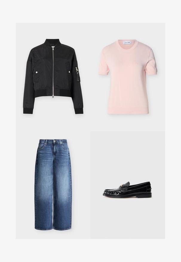 Veste bomber noire courte avec fermeture éclair frontale, col et poignets côtelés, deux poches à rabat avec bouton-pression, et une poche zippée sur la manche gauche.; Haut tricoté à manches courtes rose clair avec encolure ronde et petit logo brodé sur le côté gauche de la poitrine, présenté sur un fond blanc.; Jean bleu à jambes larges avec fermeture devant par bouton et zip, passants pour ceinture et design classique cinq poches sur fond uni.; Mocassins en cuir noir avec un bout arrondi, des coutures décoratives et un petit accent doré sur le dessus. Semelle en caoutchouc plate, design épuré.