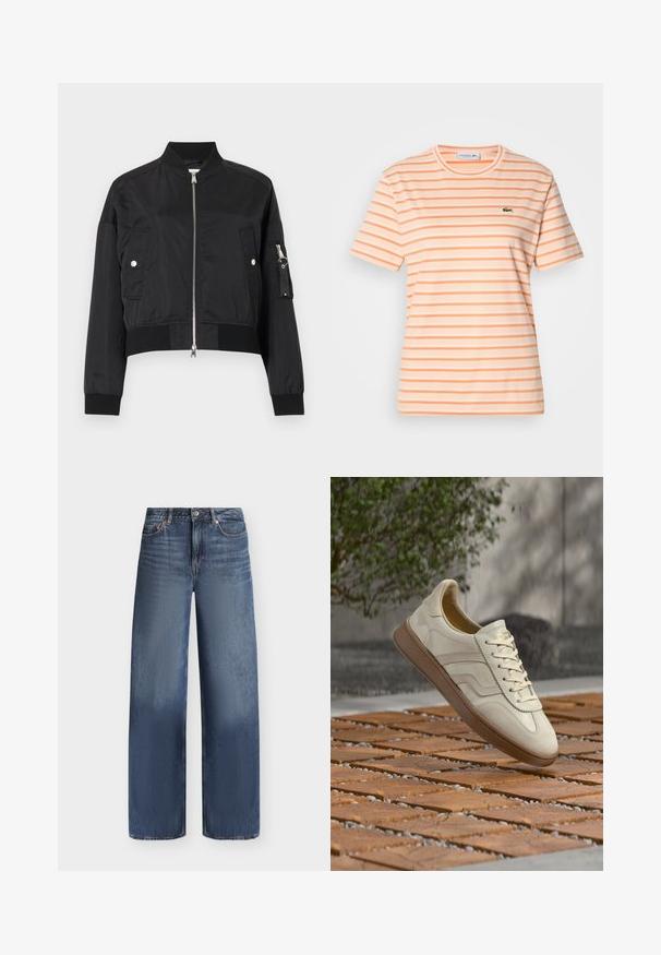 Veste bomber noire courte avec fermeture éclair frontale, col et poignets côtelés, deux poches à rabat avec bouton-pression, et une poche zippée sur la manche gauche.; T-shirt à manches courtes orange clair avec des rayures blanches horizontales, en coton, comportant un petit logo vert sur la poitrine.; Jean en denim bleu à coupe droite, design cinq poches, fermeture par boutons et légère décoloration sur le haut des cuisses et les genoux.; Baskets couleur crème avec une semelle extérieure en caoutchouc beige texturée, un design à lacets et un marquage subtil sur le côté. Tige en cuir lisse.