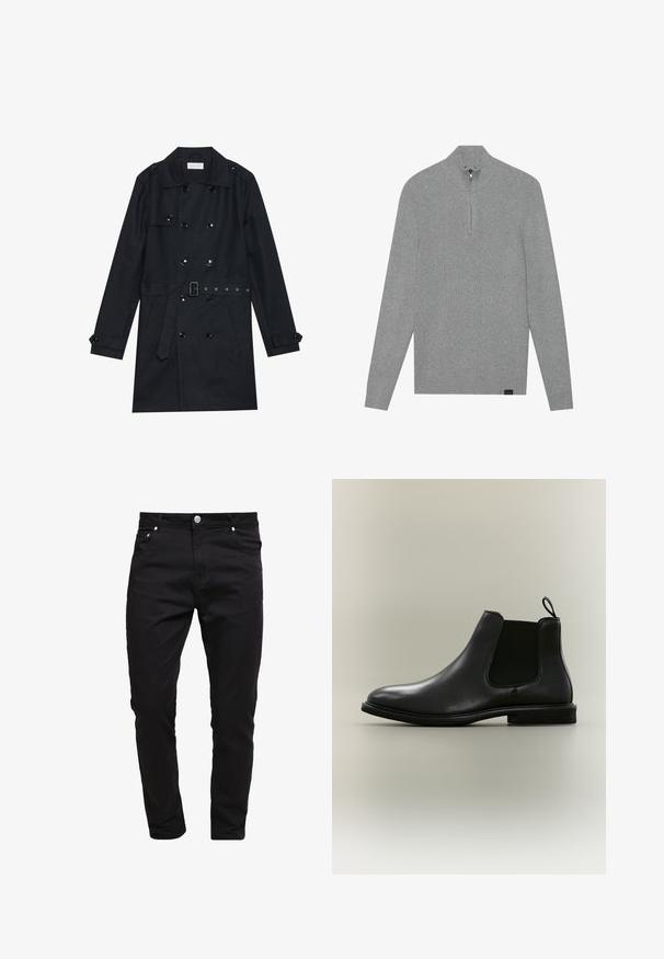 Manteau noir en trench coat avec un design double boutonnage, boutons noirs brillants, taille ceinturée et deux poches avant. Tissu lisse et texturé.; Pull en maille côtelée gris avec un col montant et fermeture éclair demi-zip. Équipé de manches longues et d'une petite étiquette de marque en bas.; Jean noir en tissu denim, design slim fit, style à cinq poches, fermeture à bouton métallique, avec des détails de couture et une texture lisse.; Botte Chelsea en cuir noir avec panneau latéral élastique, languette à l'arrière, semelle plate et bout arrondi, présentée sur un fond gris clair.