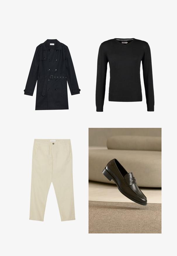 Manteau noir en trench coat avec un design double boutonnage, boutons noirs brillants, taille ceinturée et deux poches avant. Tissu lisse et texturé.; Pull noir, ajusté, à col en V avec des manches longues. Fabriqué en tissu tricot doux, avec des bords côtes aux poignets et à la taille. Design minimaliste.; Pantalons en coton beige avec une coupe droite, poches avant et fermeture à un bouton. Longueur cheville avec une texture lisse.; Mocassin en cuir noir flottant au-dessus d'un tapis beige avec un canapé beige en arrière-plan, mettant en valeur le design classique pour hommes sans lacets.