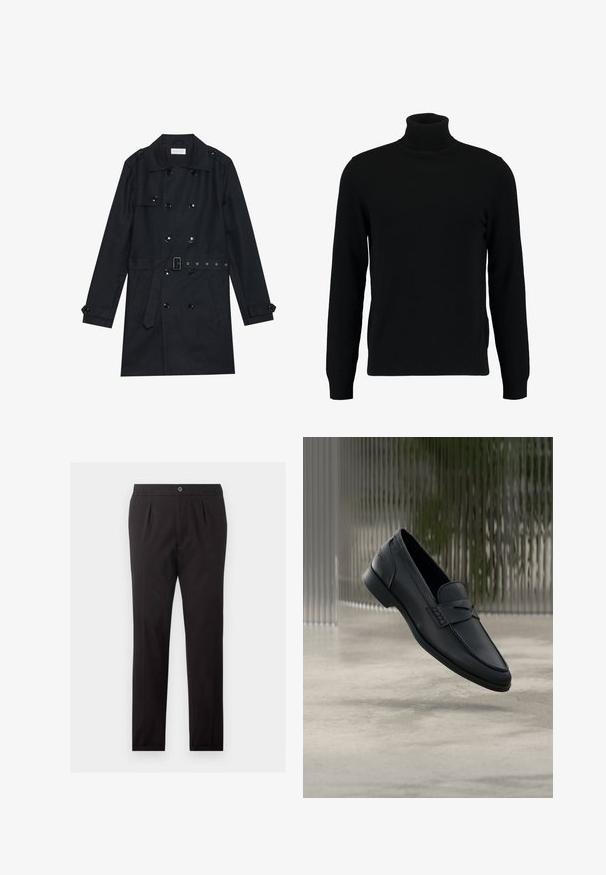 Manteau noir en trench coat avec un design double boutonnage, boutons noirs brillants, taille ceinturée et deux poches avant. Tissu lisse et texturé.; Un pull à col roulé noir en matière tricotée douce. Il possède des manches longues, un col et un ourlet côtelés. Son design est simple et épuré, sans motifs.; Pantalon formel noir avec fermeture par bouton et zip, poches latérales et coupe droite et ajustée.; Mocassin en cuir noir à finition lisse, bout pointu et détails cousus sur le dessus. Talon bas et design minimaliste.