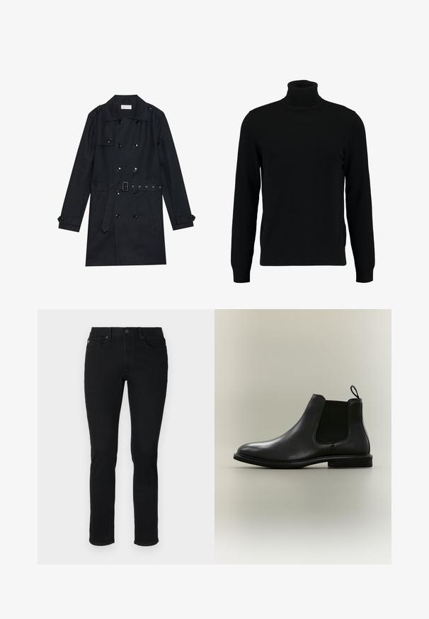 Manteau noir en trench coat avec un design double boutonnage, boutons noirs brillants, taille ceinturée et deux poches avant. Tissu lisse et texturé.; Un pull à col roulé noir en matière tricotée douce. Il possède des manches longues, un col et un ourlet côtelés. Son design est simple et épuré, sans motifs.; Jean en denim noir avec une coupe slim, design à cinq poches, passants de ceinture et fermeture à bouton à la taille.; Botte Chelsea en cuir noir avec panneau latéral élastique, languette à l'arrière, semelle plate et bout arrondi, présentée sur un fond gris clair.