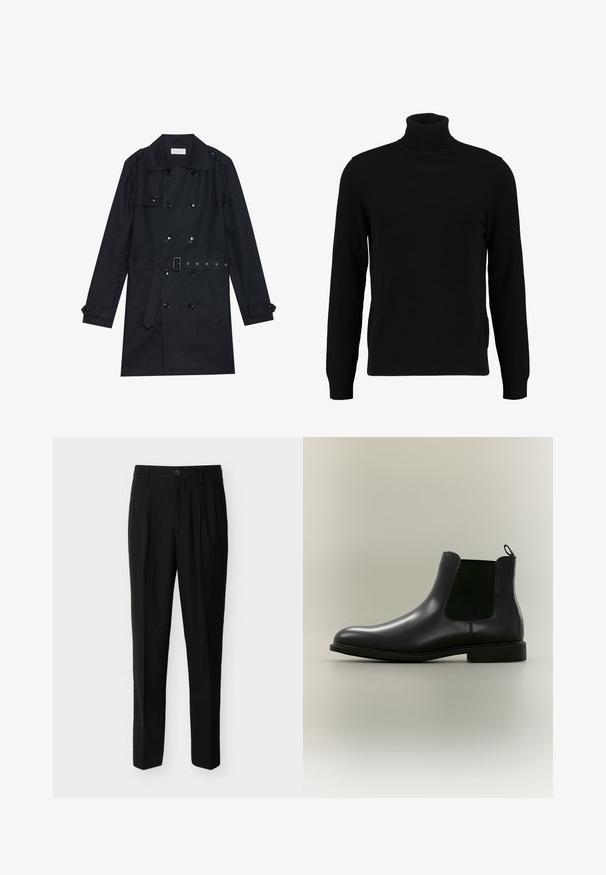 Manteau noir en trench coat avec un design double boutonnage, boutons noirs brillants, taille ceinturée et deux poches avant. Tissu lisse et texturé.; Un pull à col roulé noir en matière tricotée douce. Il possède des manches longues, un col et un ourlet côtelés. Son design est simple et épuré, sans motifs.; Pantalon noir taille haute, ajusté, avec passants de ceinture, plis à l'avant, poches latérales et fermeture boutonnée avec zip.; Botte Chelsea en cuir noir avec panneaux latéraux élastiques et languette sur un fond neutre, vue de profil latéral.