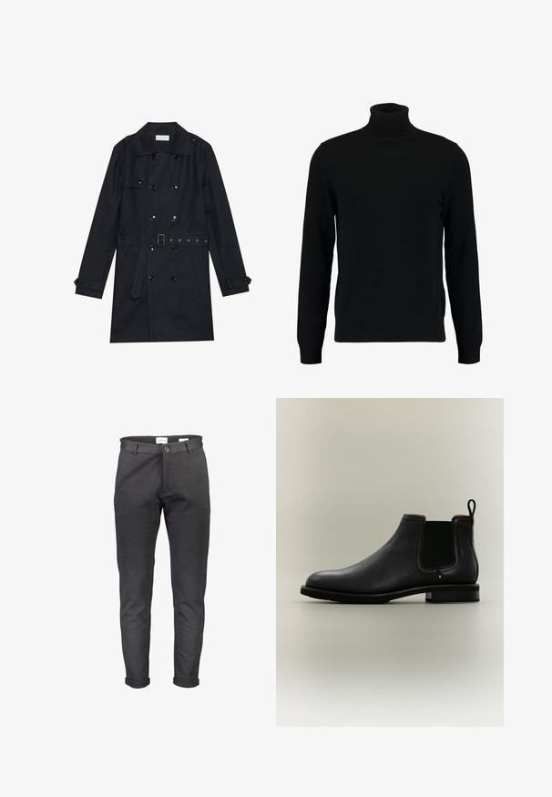 Zwarte trenchcoat met een dubbelbreasted ontwerp, glanzende zwarte knopen, een ceintuur in de taille en twee voorzakken. Glad, textuurstof.; Zwarte coltrui gemaakt van een zacht breimateriaal. Heeft lange mouwen, een geribbelde kraag en zoom. Eenvoudig, strak ontwerp zonder patronen.; Slim-fit donkergrijze broek gemaakt van zachte stof, met een knoopsluiting, riemlussen en omgeslagen pijpen. Gladde textuur zonder patronen.; Zwarte leren Chelsea enkellaars met elastische zijpanelen en treklus op een lichtgrijze achtergrond.