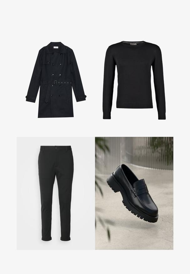 Manteau noir en trench coat avec un design double boutonnage, boutons noirs brillants, taille ceinturée et deux poches avant. Tissu lisse et texturé.; Pull en tricot noir à manches longues, col rond, avec des poignets et un ourlet côtelés. Texture lisse et coupe ajustée.; Pantalons noirs en tissu lisse avec une coupe droite. Présentent une fermeture à bouton unique et des ourlets roulés.; Mocassins en cuir noir avec une semelle à crampons épaisse, dotés d'une sangle décorative et de détails de couture. Texture lisse avec une finition polie.