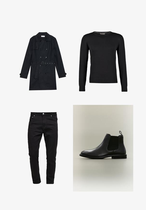 Manteau noir en trench coat avec un design double boutonnage, boutons noirs brillants, taille ceinturée et deux poches avant. Tissu lisse et texturé.; Pull en tricot noir à manches longues, col rond, avec des poignets et un ourlet côtelés. Texture lisse et coupe ajustée.; Jean noir en tissu denim, design slim fit, style à cinq poches, fermeture à bouton métallique, avec des détails de couture et une texture lisse.; Botte Chelsea en cuir noir avec panneau latéral élastique, languette à l'arrière, semelle plate et bout arrondi, présentée sur un fond gris clair.