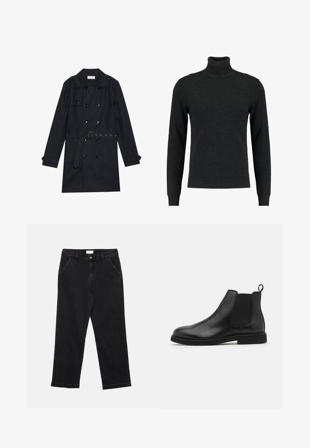 Zwarte trenchcoat met een dubbelbreasted ontwerp, glanzende zwarte knopen, een ceintuur in de taille en twee voorzakken. Glad, textuurstof.; Zwarte coltrui van wol. Heeft lange mouwen, ribbelmanchetten en -zoom, een gladde textuur en een getailleerd ontwerp.; Zwarte spijkerbroek met rechte pijpen, voorzien van een knoopsluiting, vier zakken en een gestructureerde stof. Eenvoudig en veelzijdig ontwerp.; Zwarte leren Chelsea boots met elastische zijpanelen en een trekband. Ronde neus en platte rubberen zool, met een gladde afwerking.