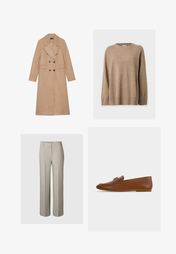 Manteau beige croisé avec un col à revers, fabriqué dans un tissu doux. Présente des boutons noirs et deux poches avant. Design à manches longues.; Pull en maille beige à manches longues avec poignets, bas et col rond côtelés, présenté à plat sur fond blanc.; Pantalon beige droit avec passants de ceinture, fermeture éclair à l'avant et pli central sur chaque jambe.; Mocassin en cuir marron avec une boucle dorée et un petit talon plat, vu de profil sur un fond clair uni.