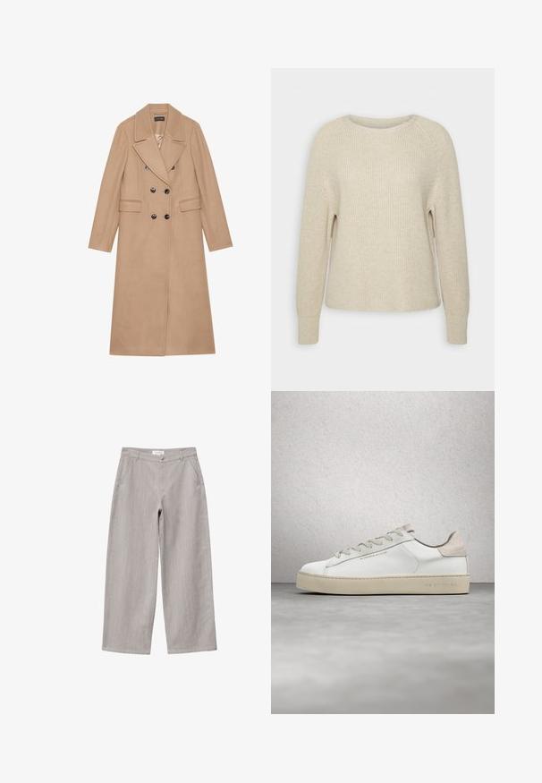 Manteau beige croisé avec un col à revers, fabriqué dans un tissu doux. Présente des boutons noirs et deux poches avant. Design à manches longues.; Pull en tricot rose clair avec un col rond, des manches raglan et des poignets côtelés. La texture est douce, avec une coupe décontractée et des détails minimaux.; Pantalon gris clair à jambes larges avec poches avant, passants pour ceinture et fermeture à bouton à la taille.; Sneaker en cuir blanc avec une finition lisse, accents en suède beige, bout arrondi, design à lacets plats et semelle en caoutchouc texturée.