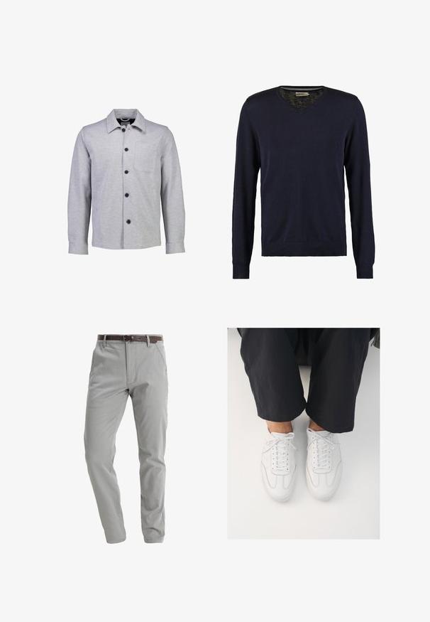 Graue Button-up-Jacke aus weichem Stoff. Verfügt über einen spitzen Kragen, lange Ärmel, eine Fronttasche und schwarze Knöpfe.; Marineblauer V-Ausschnitt-Pullover mit langen Ärmeln, aus weichem Strickmaterial, mit gerippten Bündchen und Saum, glatter Textur und ohne sichtbare Muster.; Helle graue Hose aus weichem Stoff, mit geradem Bein-Design, vorderen Taschen und einem braunen Ledergürtel zum Verschließen.; Weiße Ledersneaker mit glatter Textur, runder Zehenform und klassischem Schnürsystem, platziert über dunklen, locker sitzenden Hosen.