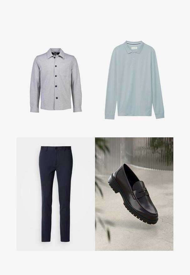 Grå button-up jakke lavet af blødt stof. Har en spids krave, lange ærmer, frontlomme og sorte knapper.; Langærmet polo skjorte i lyseblå med flad krave, tre-knaps lukning og subtilt tekstureret stof. Har en stribet indvendig krave.; Marinebukser lavet af et glat, strækbart stof. Har en lynlås i front, en enkelt knappelukning og smalle, tætsiddende ben.; Brune læder loafers med en tekstureret, rippet gummisål. Har et slankt design og et dekorativt bånd over vristen.