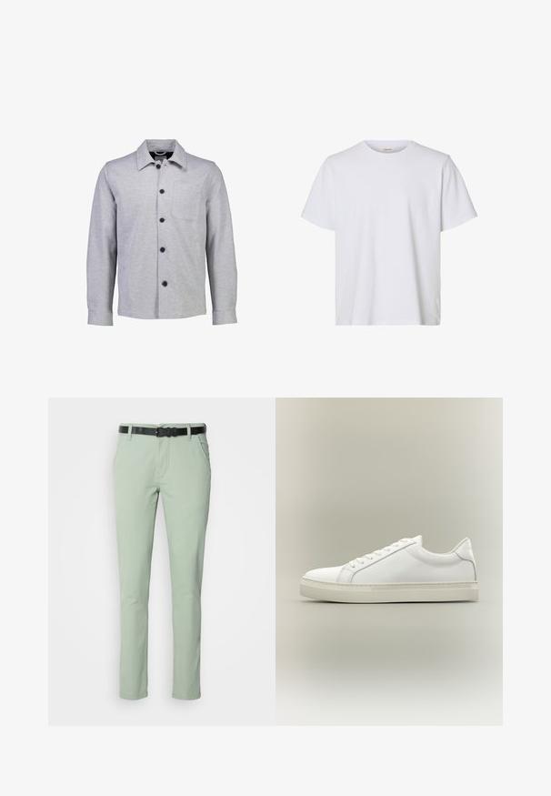 Grå button-up jakke lavet af blødt stof. Har en spids krave, lange ærmer, frontlomme og sorte knapper.; Enkelt hvid kortærmet T-shirt med rund hals, almindelig pasform og glat stofstruktur, vist på en hvid baggrund.; Lysgrønne bukser med slim fit, prydet med et sort bælte. Lavet af bomuld, designet med sidelommer og en glat tekstur.; Hvid lavtop sneaker med snørebånd foran og tyk sål, vist fra siden mod en neutral baggrund.