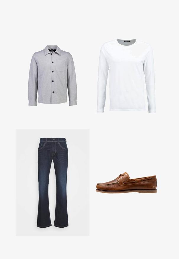Graue Button-up-Jacke aus weichem Stoff. Verfügt über einen spitzen Kragen, lange Ärmel, eine Fronttasche und schwarze Knöpfe.; Weiße langärmlige T-Shirt aus Baumwolle, mit Rundhalsausschnitt und glatter Textur. Keine Muster oder Akzente. Schlichtes Design.; Dunkelblaue Denim-Jeans mit einem ausgestellten Bein-Design, ausgestattet mit kontrastierendem weißen Nähten, einem Knopfverschluss und fünf Taschen-Style.; Braune Lederbootsschuhe mit gesteppten Akzenten, metallischen Ösen, einer erhöhten Naht an der Zehe und einer flachen Gummisohle.