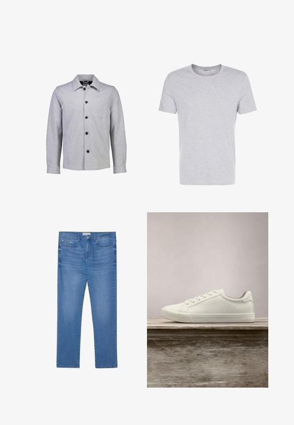 Grå button-up jakke lavet af blødt stof. Har en spids krave, lange ærmer, frontlomme og sorte knapper.; Grå bomulds T-shirt med rund hals, korte ærmer og et enkelt design, som har en blød, glat tekstur uden synlige mønstre eller udsmykninger.; Lyseblå denimjeans med lige ben, femlommes design, subtil falming og metalbeslag ved taljen og lommerne.; Hvide snørresneakers svævende over en træbænk med grønne planter i baggrunden, der fremhæver skodesign og tekstur.