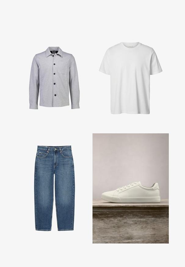 Grå button-up jakke lavet af blødt stof. Har en spids krave, lange ærmer, frontlomme og sorte knapper.; Enkelt hvid T-shirt med korte ærmer og rund hals, løs pasform og uden synlige logoer eller designs foran.; Blå jeans med lige ben, frontknap og lynlås, bæltestropper og fem lommer på hvid baggrund.; Hvide snørresneakers svævende over en træbænk med grønne planter i baggrunden, der fremhæver skodesign og tekstur.