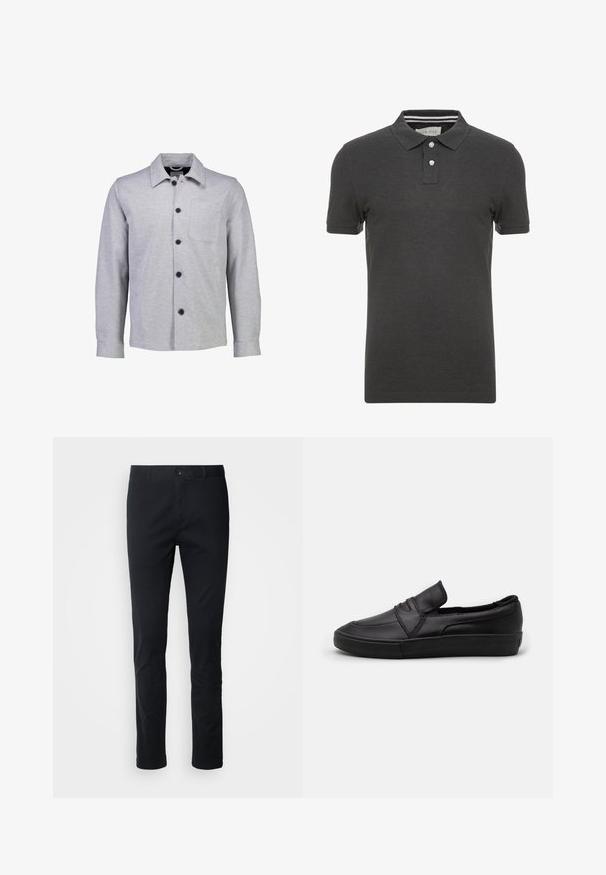 Grijze button-up jas gemaakt van zachte stof. Beschikt over een puntige kraag, lange mouwen, een voorkantzak en zwarte knopen.; Donkergrijze polo met korte mouwen, een kraag en een drieknoopsluiting. Bevat subtiele gestreepte details binnen de kraag.; Zwarte, recht gesneden broek van een katoenmix. Voorzien van een knoopsluiting en riemlussen. Glad oppervlak zonder zichtbare patronen.; Zwarte instap schoenen van glad leer, met een gestikt ontwerp aan de voorkant en een betrokken rubberen zool voor grip.