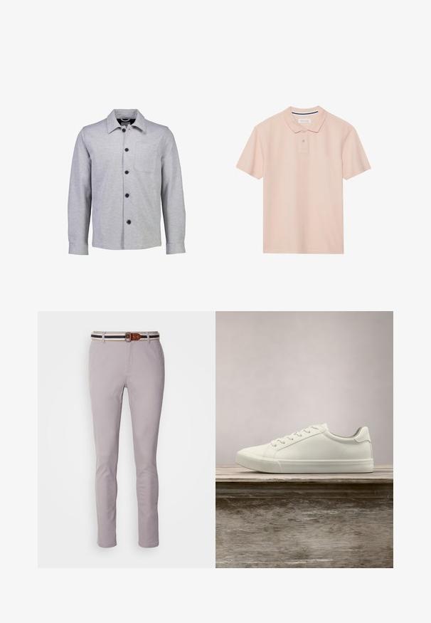 Grijze button-up jas gemaakt van zachte stof. Beschikt over een puntige kraag, lange mouwen, een voorkantzak en zwarte knopen.; Polo shirt in zacht roze, korte mouwen, kraag met een drie-knopssluiting, textiel met textuur en een subtiele gestreepte detail binnenin de kraag.; Lichtgrijze broek van een katoenmix, met een slim fit, een platte voorkant en een bruine en marineblauwe gestreepte riem met een rechthoekige gesp.; Witte vetersneaker die boven een houten bank zweeft met groene bladeren op de achtergrond, waarbij het ontwerp en de textuur van de schoen worden getoond.