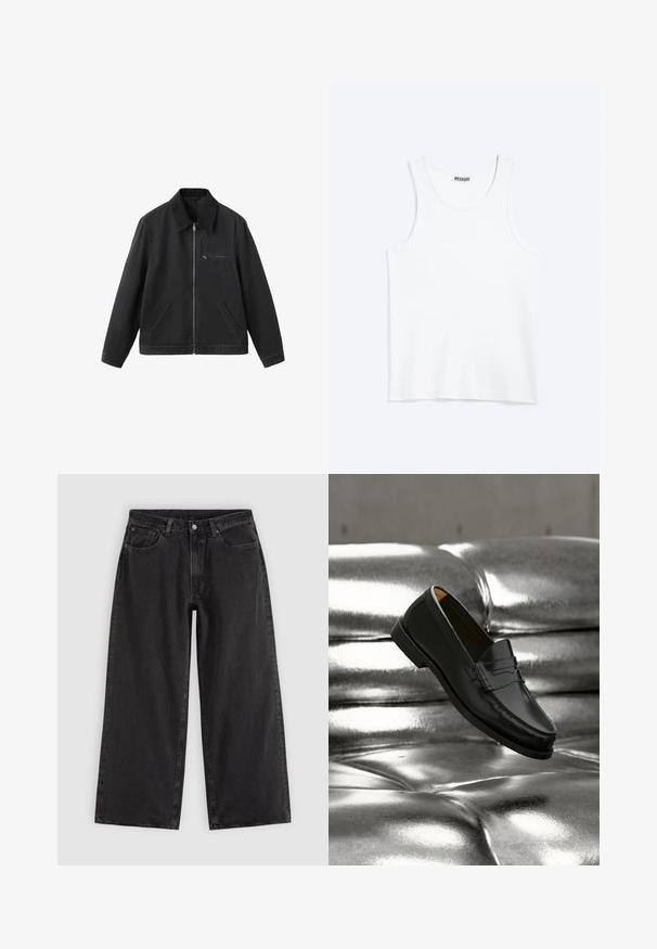 Veste noire zippée avec col, poche zippée sur la poitrine à droite, et deux poches latérales diagonales, présentée sur fond blanc.; Débardeur blanc sans manches avec col rond et étiquette de la marque Weekday à l'intérieur du col arrière, présenté à plat sur un fond clair.; Jean en denim noir à jambes larges avec poches avant, passants pour ceinture et fermeture par boutons, présenté sur un fond clair uni.; Mocassin en cuir noir flottant au-dessus d'un canapé en cuir argenté brillant matelassé à boutons dans un décor minimaliste.