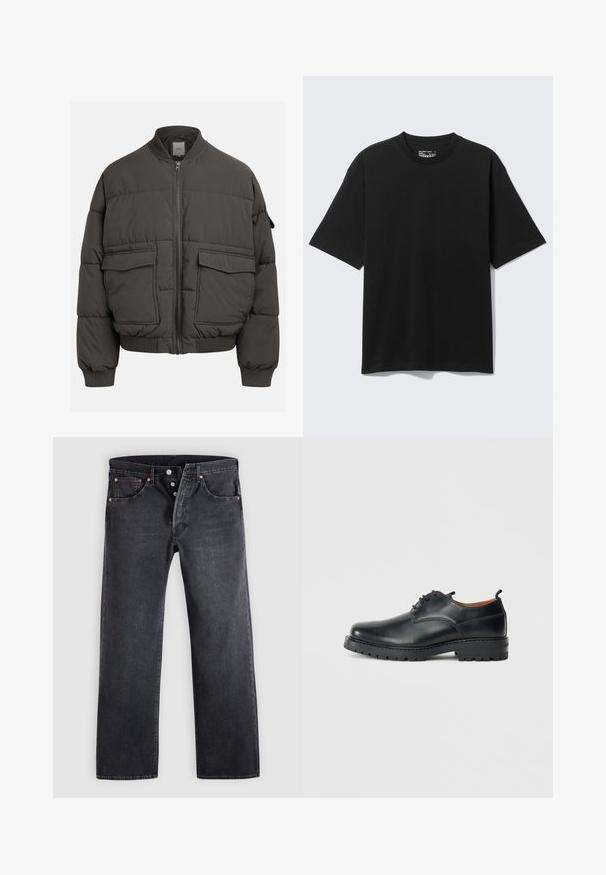 Veste en duvet gris foncé avec un col côtelé, fermeture éclair intégrale et deux poches avant. Texture matelassée avec une silhouette légèrement raccourcie.; T-shirt noir en coton à manches courtes et coupe décontractée, col rond, présenté sur un fond clair uni.; Jean en denim noir avec une coupe droite, design à cinq poches, et boutons en cuivre. Texture lisse avec une légère finition délavée.; Chaussures derby en cuir noir avec une texture lisse, bout rond, design à lacets et une semelle en caoutchouc épaisse et robuste.