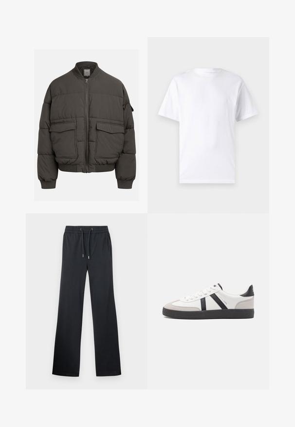 Veste en duvet gris foncé avec un col côtelé, fermeture éclair intégrale et deux poches avant. Texture matelassée avec une silhouette légèrement raccourcie.; T-shirt blanc à manches courtes en coton avec un col rond, présentant une texture lisse et un design simple, sans motifs ni accents.; Pantalon large noir en tissu doux. Ceinture élastique avec cordon de serrage et léger éclat. Pas de motifs ni d'accents visibles.; Baskets blanches avec des accents noirs et gris, présentant un embout texturé gris, une semelle en caoutchouc noir et des lacets plats blancs. Design épuré, style minimaliste.