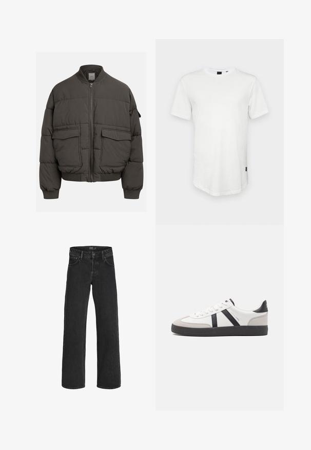 Veste en duvet gris foncé avec un col côtelé, fermeture éclair intégrale et deux poches avant. Texture matelassée avec une silhouette légèrement raccourcie.; T-shirt blanc à manches courtes en coton, avec un col rond et un dos légèrement allongé, arborant un petit logo sur le côté.; Jack & Jones JJIEDDIE JJORIGINAL Loose Fit High Rise - Jean boyfriend - black denim; Baskets blanches avec des accents noirs et gris, présentant un embout texturé gris, une semelle en caoutchouc noir et des lacets plats blancs. Design épuré, style minimaliste.