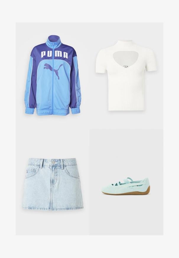 Sininen ja violetti PUMA urheiluva jacket, jossa on korkea kaulus, täysipitkä vetoketju ja joustavat hihansuu. Edessä on suuri logo ja sivussa grafiikka hyppäävästä pumasta.; Valkoinen, ribbineulottu lyhythihainen yläosa, jossa korkeakaulus ja rintakehän kohdalla oleva sydämenmuotoinen leikkaus, jossa keskellä hopeanvärinen koriste.; Vaaleansininen farkuhame, jossa on etupainike, vyölenkit ja etutaskut, esitettynä valkoisella taustalla.; Vaaleansininen pujotettava kengänkenkä, jossa joustavat remmit ja ruskea kumipohja, esitetty sivulta valkoisella taustalla.
