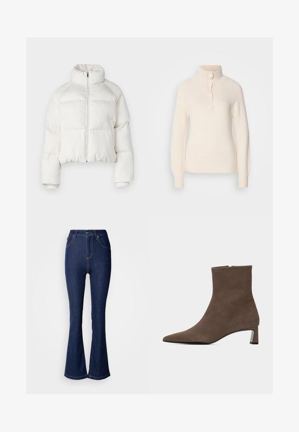Witte cropped pufferjack met verticale ribbeltextuur, hoge kraag, ritssluiting aan de voorkant en elastische manchetten. Bevat zijzakken.; Crème-kleurige pull met hoge kraag, voorzien van een placket met vier knopen en geribde manchetten en onderkant. Gemaakt van zachte, gestructureerde stof.; Donkerblauwe uitlopende jeans van denim met een hoge taille, voorzien van voorzakken, contrasterende stiksels en een knoopsluiting.; Bruine suède enkellaars met spits toelopende neus, zijrits en lage blokhak op een effen lichte achtergrond.