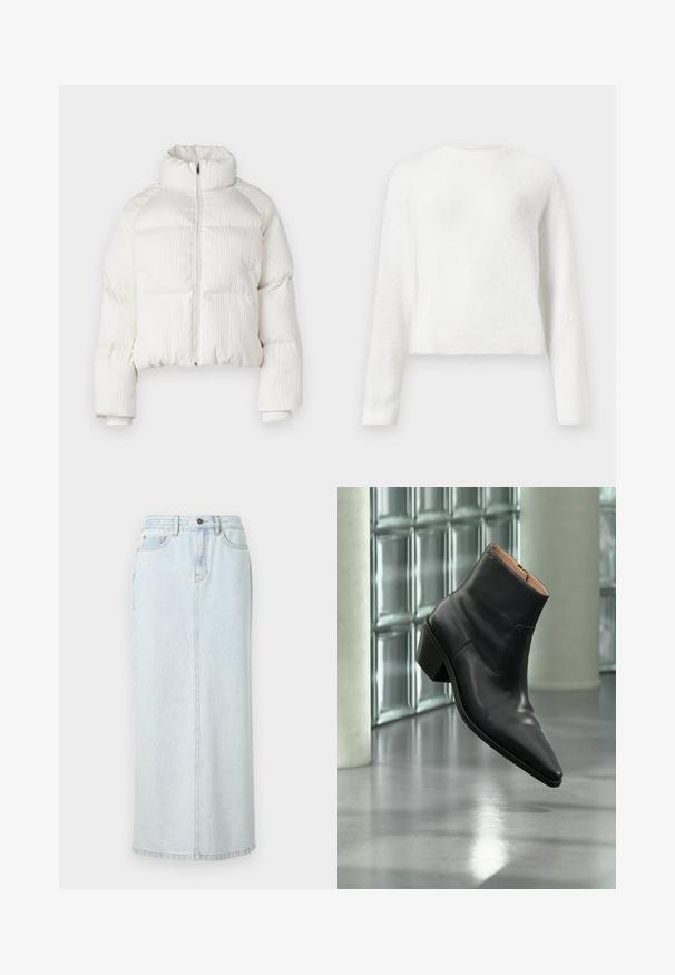 Witte cropped pufferjack met verticale ribbeltextuur, hoge kraag, ritssluiting aan de voorkant en elastische manchetten. Bevat zijzakken.; Witte lange mouwen fuzzy crewneck trui met een iets cropped pasvorm en textuurstof.; Lichtblauwe denim maxi rok met een rechte snit, voorzijde met knopen en zichtbare stiksels. Bevat twee voorzakken.; Zwarte leren enkellaars met een spitse neus en blokhak die zweeft boven een reflecterende grijze vloer nabij een glazen blokmuur.