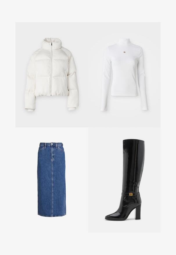 Witte cropped pufferjack met verticale ribbeltextuur, hoge kraag, ritssluiting aan de voorkant en elastische manchetten. Bevat zijzakken.; Witte turtleneck met lange mouwen, gemaakt van ribbelstof. Bevat een klein geborduurd logo in het midden. Aansluitend ontwerp zonder patronen.; Denim midi-rok in middelblauw met een rechte snit, voorste knoopsluiting, twee zijzakken en zichtbare stiksels voor textuur.; Zwarte laarzen van patentenleer tot aan de knie met een puntige neus, gouden hardware accenten en een chunky hak. Glad, glanzend oppervlak met minimale details.