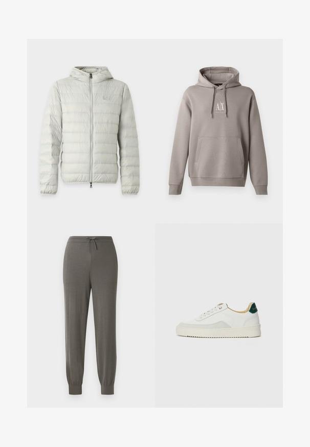 Veste matelassée gris clair avec capuche, matelassage horizontal, fermeture éclair intégrale à l'avant, poignets élastiques et logo subtil de la marque sur la poitrine.; Hoodie gris avec une poche kangourou centrale, capuche réglable par cordon, et un petit logo blanc sur la poitrine. Texture de tissu douce.; Pantalons de jogging gris avec une taille à cordon, des poignets effilés, une texture de tissu douce et un design lisse et minimaliste.; Baskets blanches avec des accents en daim, bout arrondi, lacets plats et semelle en caoutchouc crème. Présente une marque verte sur le talon.