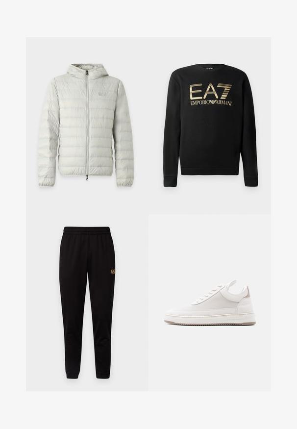 Veste matelassée gris clair avec capuche, matelassage horizontal, fermeture éclair intégrale à l'avant, poignets élastiques et logo subtil de la marque sur la poitrine.; Sweatshirt noir à col rond, arborant le logo doré EA7 Emporio Armani sur la poitrine. Tissu doux avec des poignets et un ourlet côtelés.; Pantalons de survêtement noirs avec une taille élastique, des poignets ajustés et un petit logo jaune sur la cuisse gauche. Texture de tissu douce et lisse.; Baskets blanches basses avec panneau latéral texturé, col rembourré, fermeture à lacets et branding "Filling Pieces" sur le bord de la semelle.