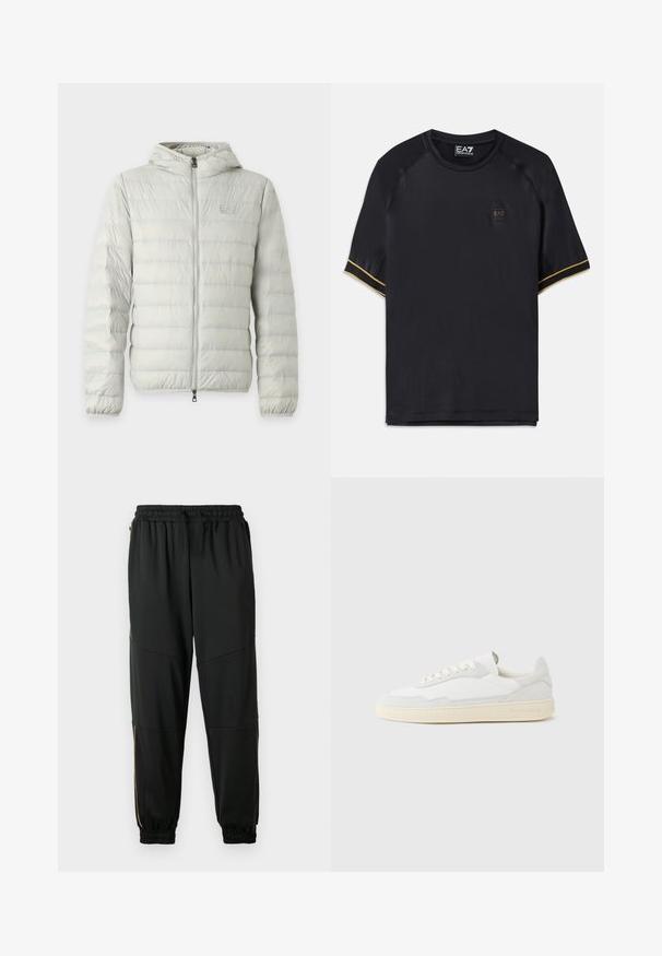 Veste matelassée gris clair avec capuche, matelassage horizontal, fermeture éclair intégrale à l'avant, poignets élastiques et logo subtil de la marque sur la poitrine.; T-shirt de sport noir à manches raglan courtes, avec un tissu texturé, des rayures dorées et un petit logo EA7 à l'avant.; Pantalons de sport noirs en tissu extensible, dotés d'une taille élastique, de poches zippées sur les côtés et de bas de pantalon à poignets avec des accents dorés contrastants.; Baskets blanches avec dessus en daim et cuir texturé. Caractérisées par un bout arrondi, une fermeture à lacets et une semelle en caoutchouc beige contrastante.