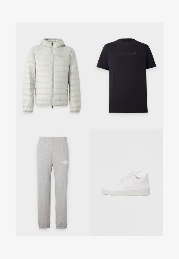 Veste matelassée gris clair avec capuche, matelassage horizontal, fermeture éclair intégrale à l'avant, poignets élastiques et logo subtil de la marque sur la poitrine.; T-shirt en coton noir à manches courtes, col rond et légèrement ample. Présente le texte "ARMANI EXCHANGE MILANO / NEW YORK" en gris foncé.; Pantalons de jogging en coton gris avec une taille élastique et des jambes effilées. Présente un logo blanc sur la cuisse gauche. Texture lisse.; Baskets en cuir blanc avec un embout arrondi, une semelle plate et un laçage à l'avant. Présentent des détails de couture et un col rembourré pour plus de confort.