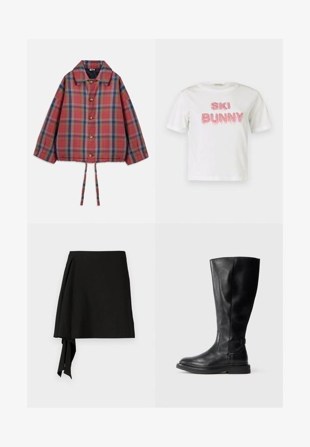 Veste à carreaux rouges et bleus avec un col, des boutons en bois, des manches larges et un bas resserré avec des liens.; T-shirt en coton blanc avec l'inscription « SKI BUNNY » en lettres en fausse fourrure rose en relief. Manches courtes et col rond.; Jupe noire au design épuré, avec un détail de nouage latéral, une texture lisse et une silhouette drapée. Confectionnée en tissu léger.; Botte noire en cuir, montant jusqu'au genou, avec un bout rond, un-dessus légèrement texturé et une semelle en caoutchouc. Équipée d'un panneau latéral pour un enfilage facile.