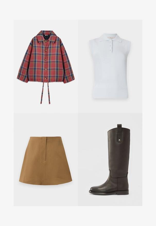 Veste à carreaux rouges et bleus avec un col, des boutons en bois, des manches larges et un bas resserré avec des liens.; Top polo sans manches bleu clair avec un col traditionnel, patte de boutonnage à trois boutons et ourlet côtelé. Fabriqué en tissu lisse et doux.; Jupe marron avec une silhouette évasée, fabriquée en tissu lisse. Présente une taille simple et un détail de couture au dos.; Bottes hautes en cuir marron foncé avec une finition lisse, un bout arrondi et un accent marron contrastant. Comprend une sangle latérale avec un bouton-pression en métal.