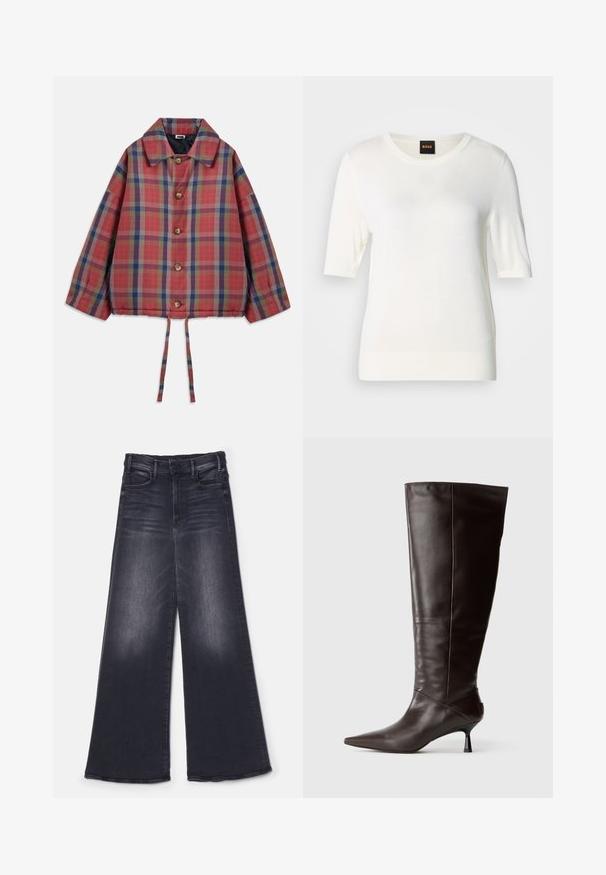 Veste à carreaux rouges et bleus avec un col, des boutons en bois, des manches larges et un bas resserré avec des liens.; Pull tricot blanc à manches courtes avec encolure ronde, ourlet et poignets côtelés, présentant un petit logo sur le bas côté gauche.; Mother THE HUSTLER ROLLER SNEAK - Wide Leg - not today satan; Botte en cuir marron, hauteur genou, avec un bout pointu et un talon fin. Texture lisse et design élégant, arborant une silhouette minimaliste.
