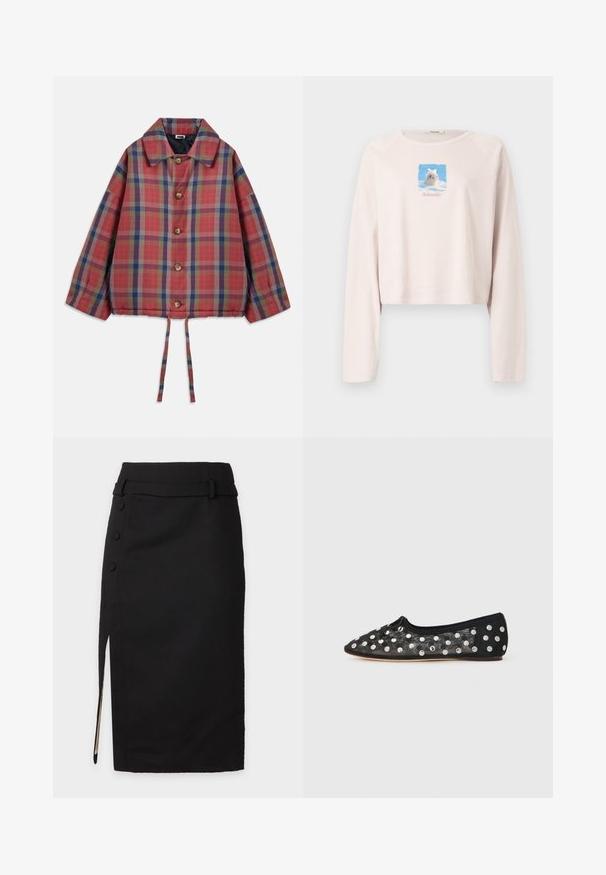 Veste à carreaux rouges et bleus avec un col, des boutons en bois, des manches larges et un bas resserré avec des liens.; Sweat-shirt court rose à manches longues, avec un graphique rectangulaire d'un chien sur fond de ciel bleu et le texte "todeviler" en dessous.; Jupe crayon noire taille haute avec fente latérale, trois boutons recouverts et détail de passants de ceinture assortis à la taille.; Chaussure plate noire à bout pointu, en maille avec de grands pois argentés, et un petit nœud à l'avant. Tissu texturé.
